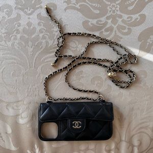 CHANEL Lambskin Quilted iPhone XII Pro Holder With Chain Black